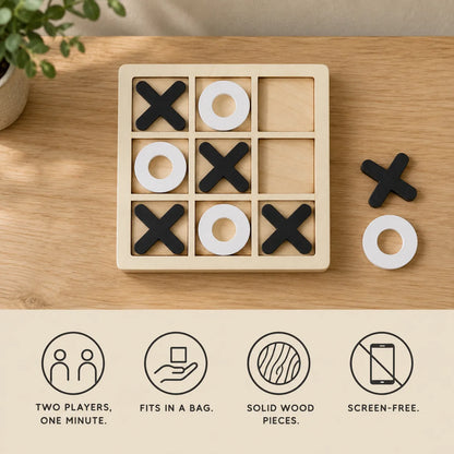Features: two players one minute, fits in a bag, solid wood pieces, screen-free