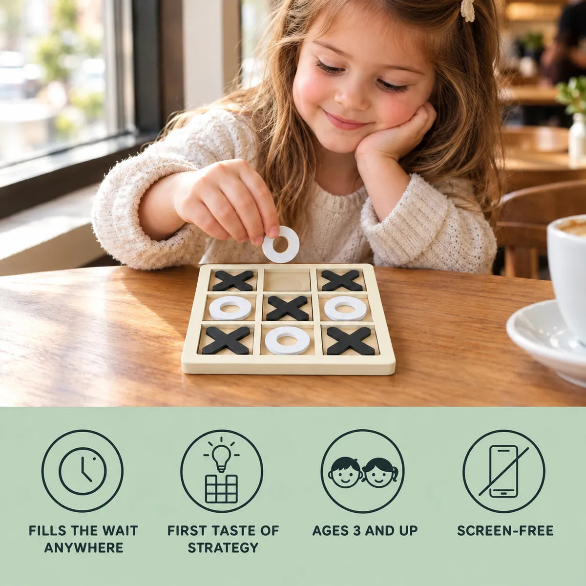 Benefits: fills the wait anywhere, first taste of strategy, ages 3 and up, screen-free