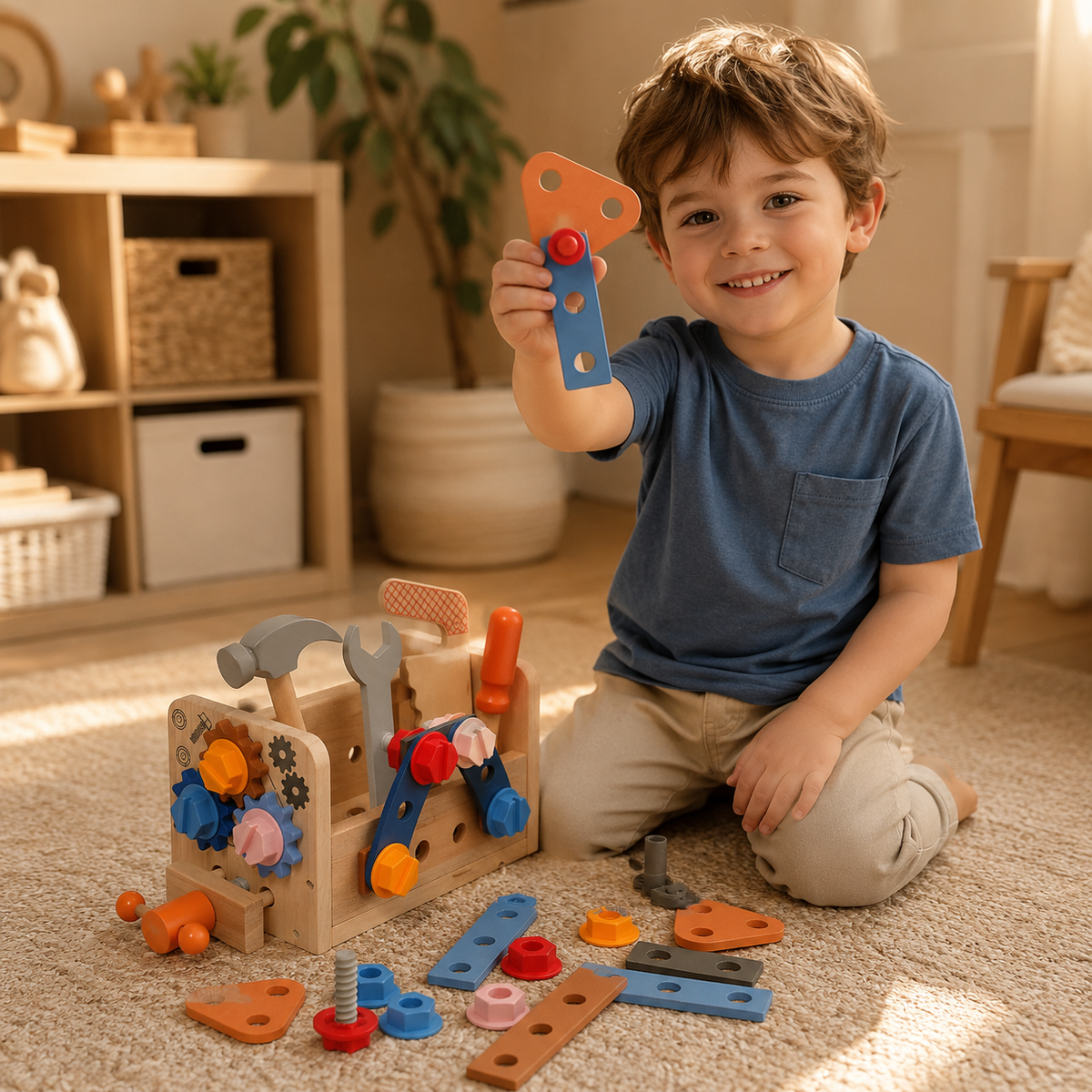 Child proudly showing what they built at the Wooden Workshop