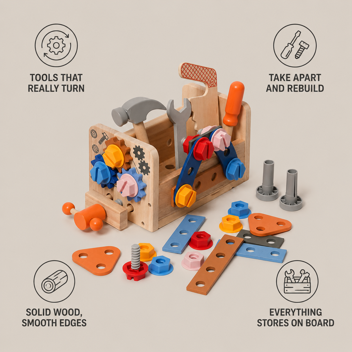 Wooden Workshop features and included tools