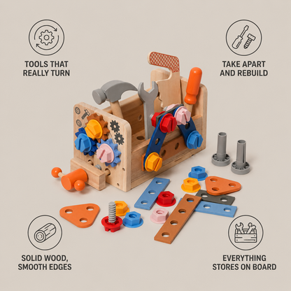 Wooden Workshop features and included tools