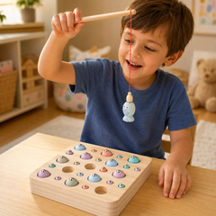 Child lifting a wooden fish from the board on a magnetic fishing rod