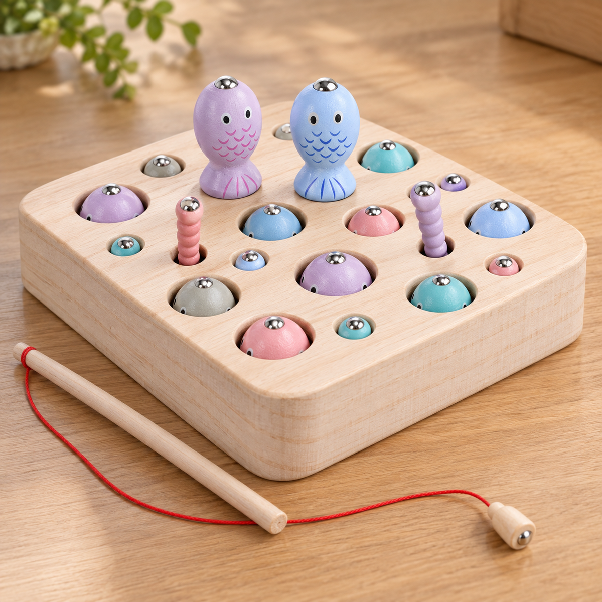 Close-up of the pine board with pastel wooden fish and worms in their holes