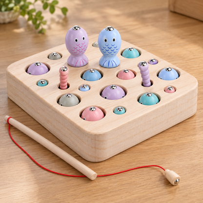 Close-up of the pine board with pastel wooden fish and worms in their holes