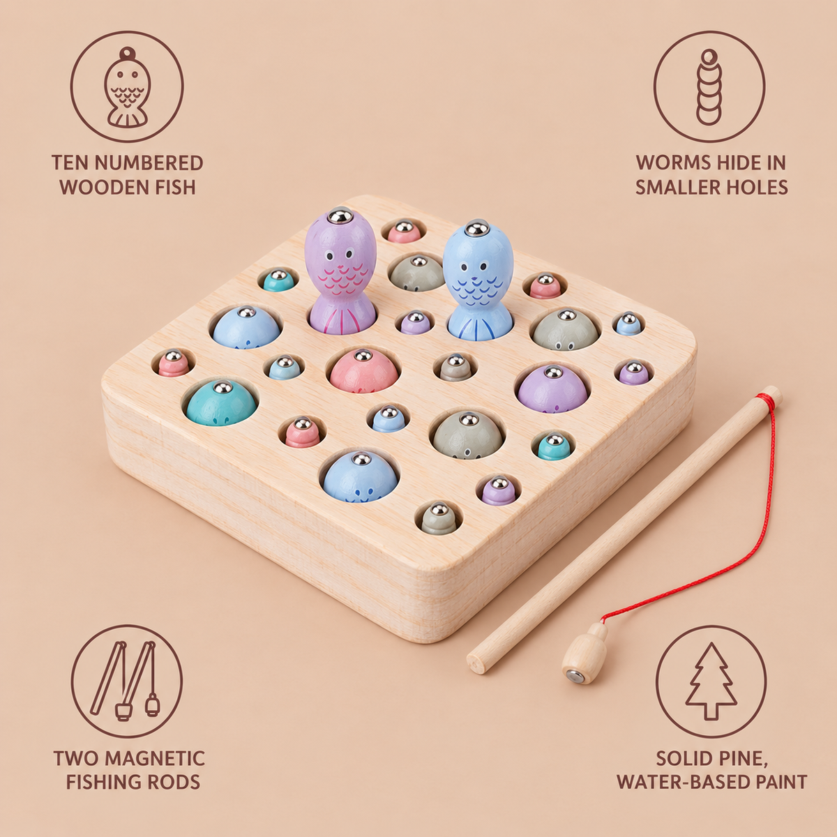 Catch the Worms features: ten numbered wooden fish, worms in smaller holes, two magnetic rods, solid pine