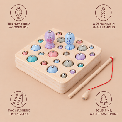 Catch the Worms features: ten numbered wooden fish, worms in smaller holes, two magnetic rods, solid pine