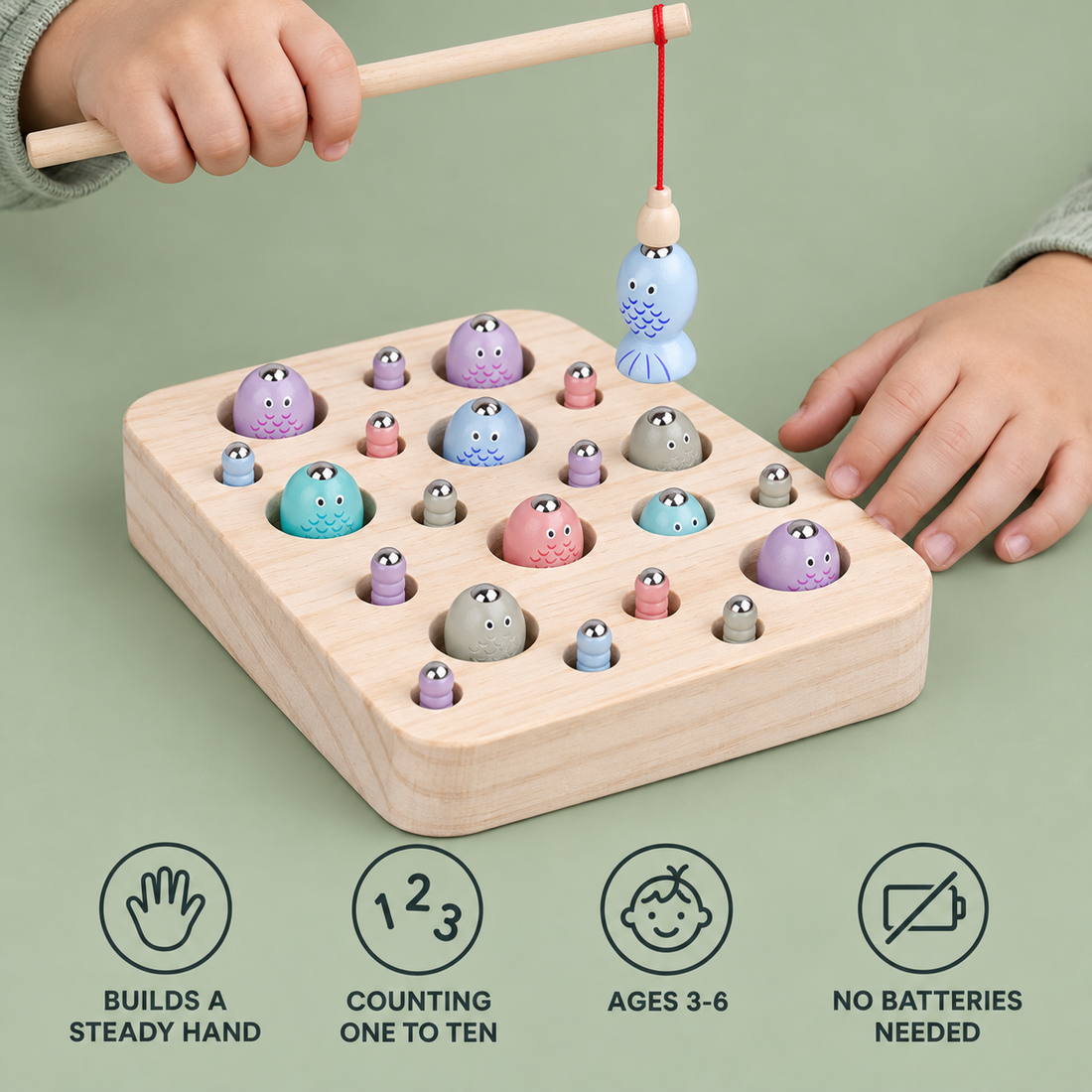 Catch the Worms benefits: builds a steady hand, counting one to ten, ages 3 to 6, no batteries